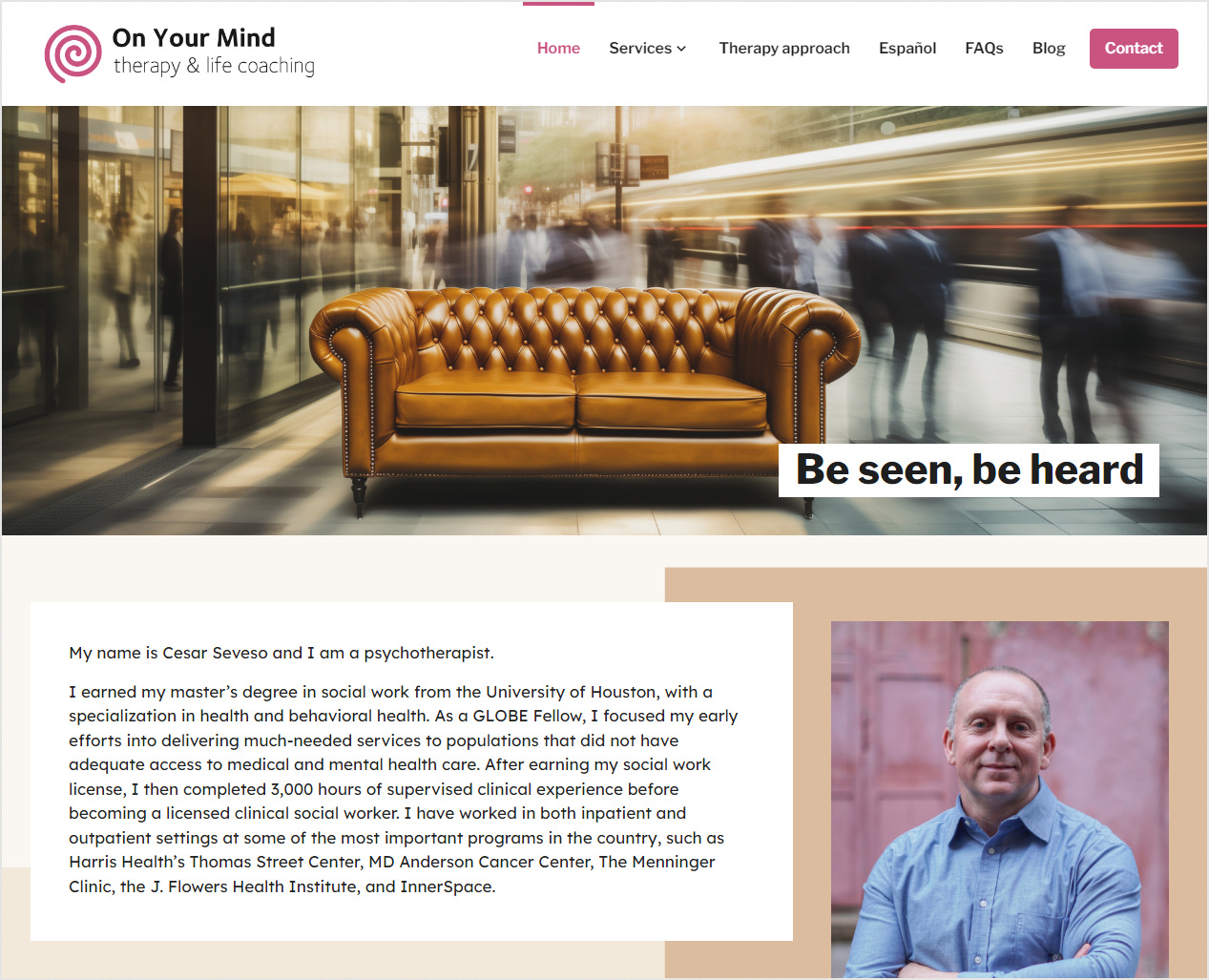 Homepage of On Your Mind, a website for a Houston-based psychotherapist
